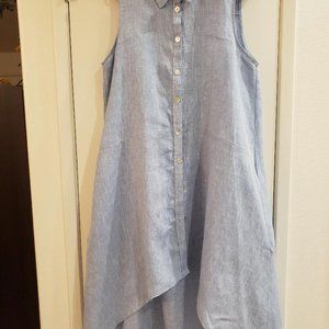 Le Paris Petite Blue Sleeveless Linen Shirt Dress Button Down High-low Hem